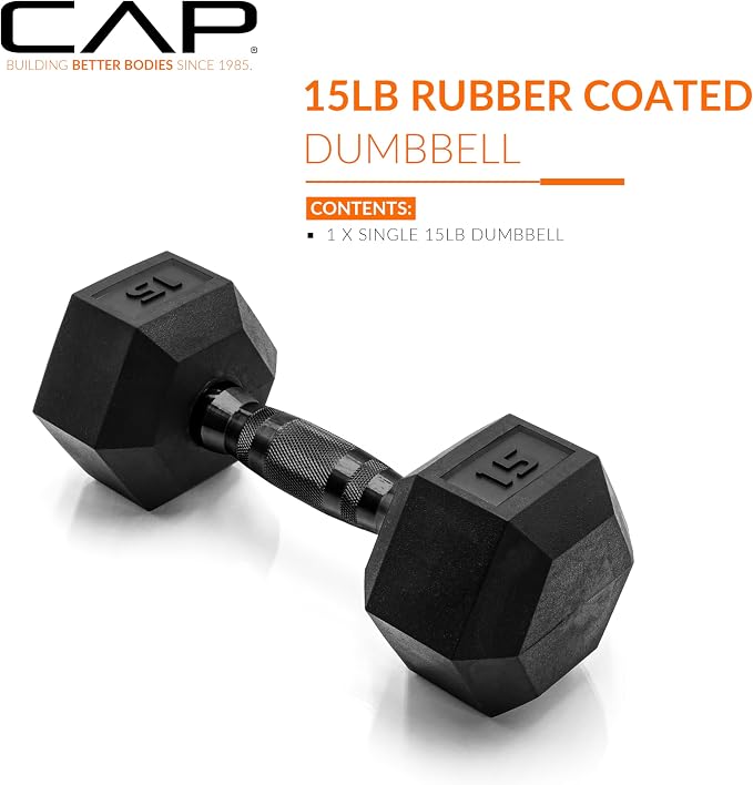 CAP Rubber Coated Dumbbell Weights, Free Weights for Home Gym Strength Training, Anti-Roll Hex Dumbbells with Black, Chrome & Comfort Grip Handles, Singles