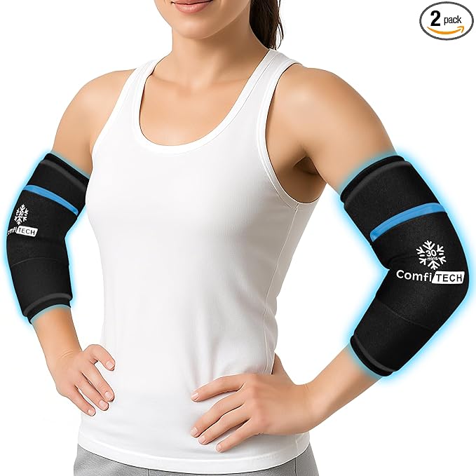 ComfiTECH Dual-Gel Elbow Ice Pack Wrap for Arm with 30-Min Cooling, M, 2P | Reusable Gel Forearm Brace for Tendonitis & Injuries, Cold Compression Sleeve for Pitchers, Tennis Elbow & Golfer Arm Relief
