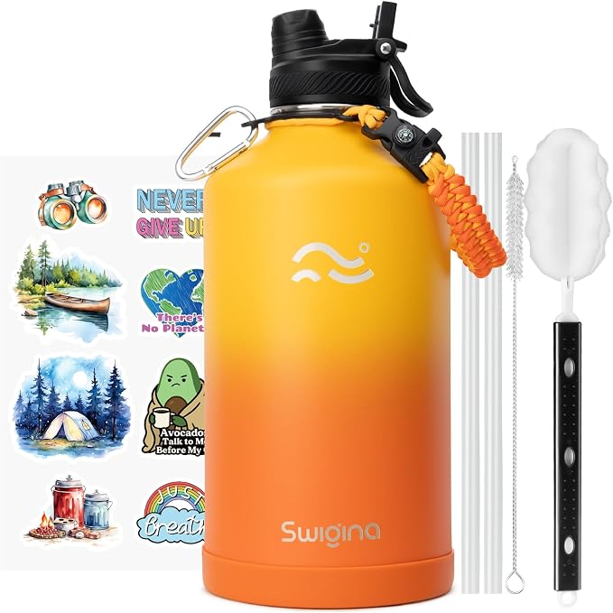 Swigina [2-IN-1 LID] Gallon Insulated Water Bottle with Silicone Boot (48hrs Cold/24hrs Hot) - DIY Stickers, Leakproof, BPA Free, 128 oz