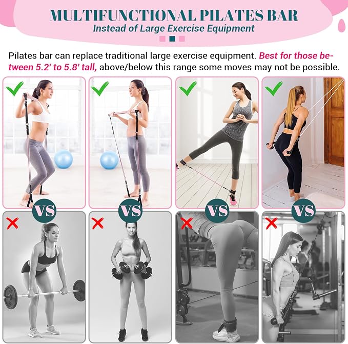 Pilates Bar Kit with Resistance Bands, Multifunctional Yoga Pilates Kit | Heavy-Duty Metal Adjustment Buckle, Portable Home Gym Pilates Resistance Bar Kit for Women Full Body Workouts