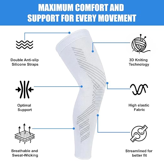 Full Leg Compression Sleeves for Men and Women,2 Pack Legs Sleeves Long Knee Brace Support for Running, Basketball, Cycling, Workout, Sports - White,M