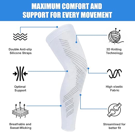 Full Leg Compression Sleeves for Men and Women,2 Pack Legs Sleeves Long Knee Brace Support for Running, Basketball, Cycling, Workout, Sports - White,L