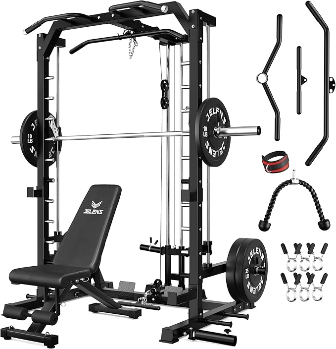 SR01 Smith Machine, 2000LBS Multi-Function Power Cage with LAT Pulldown System, All-in-One Home Gym Squat Rack with Smith Bar and Training Attachments for Full Body Workouts
