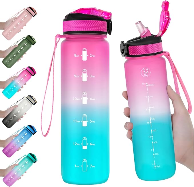 EYQ 32oz Water Bottle with Straw, Time Marker, Blue Purple | Blue Purple Tritan, BPA Free, Time Marker, Leakproof Lock Lid, Wide Mouth, for Gym, School, Office and Travel