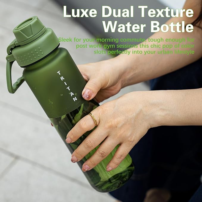 OLDLEY 32oz Water Bottle with Handle, BPA-Free Tritan Reusable Sports Water Bottle with Leak-Proof Dust Lid, Wide Mouth, Cup Holder Friendly, Half Frosted Clear Bottle for Gym,Travel,Work,Olive Green
