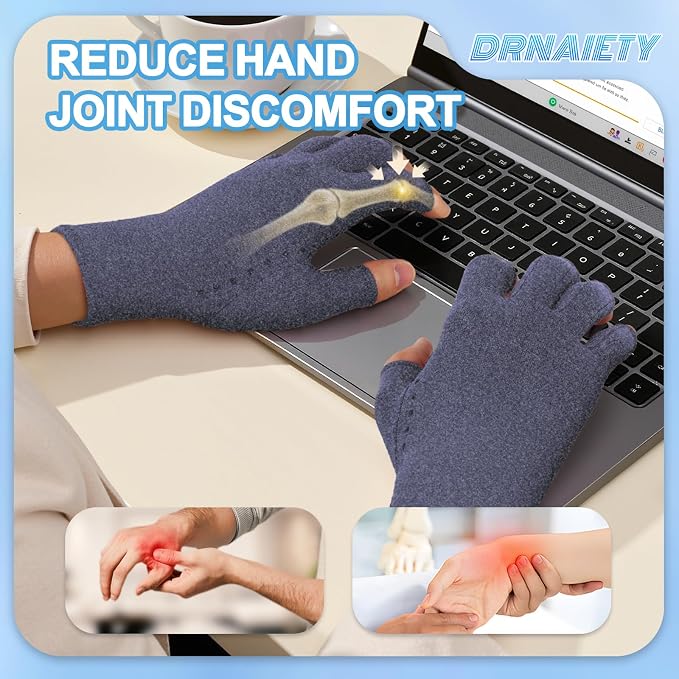 DRNAIETY 2-Pair Arthritis Compression Gloves- for Hand Arthritis, Carpal Tunnel Pain, Rheumatoid Arthritis, RSI, Fingerless, Anti-Slip, Breathable Gloves for Men & Women, Typing, Daily Use(XL Blue)