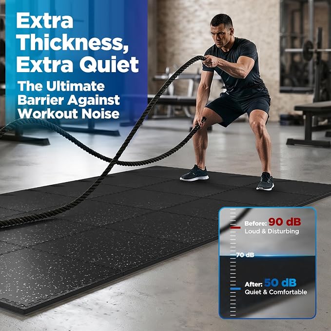 1'' Thick 48 Sq Ft Protective Gym Flooring for Home Gym, 12 Tiles Extra-Thick Rubber Top with High Density EVA Foam, Interlocking Exercise Equipment Mats, Heavy Weight Workout, Black & White
