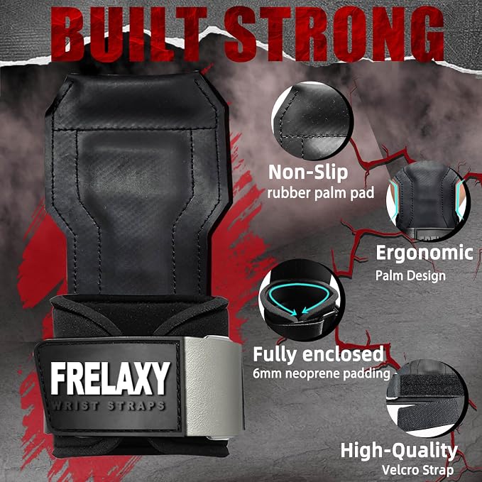 Frelaxy Lifting Wrist Straps, Rubber Weight Lifting Grips for Deadlifts | Non-slip rubber palm, Full palm protection, Neoprene wrist padding, Enhanced grip support, Pull ups rows lat pulldowns