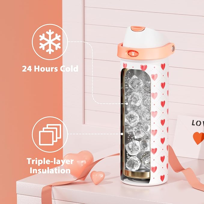24 oz Valentine's Day Water Bottle: Meoky Stainless Steel Water Bottle with Straw and Spout Lid - Leak Proof, Cold for 24 Hours, Fits in Car Cup Holder, BPA-Free for Her Women Girls, Amora