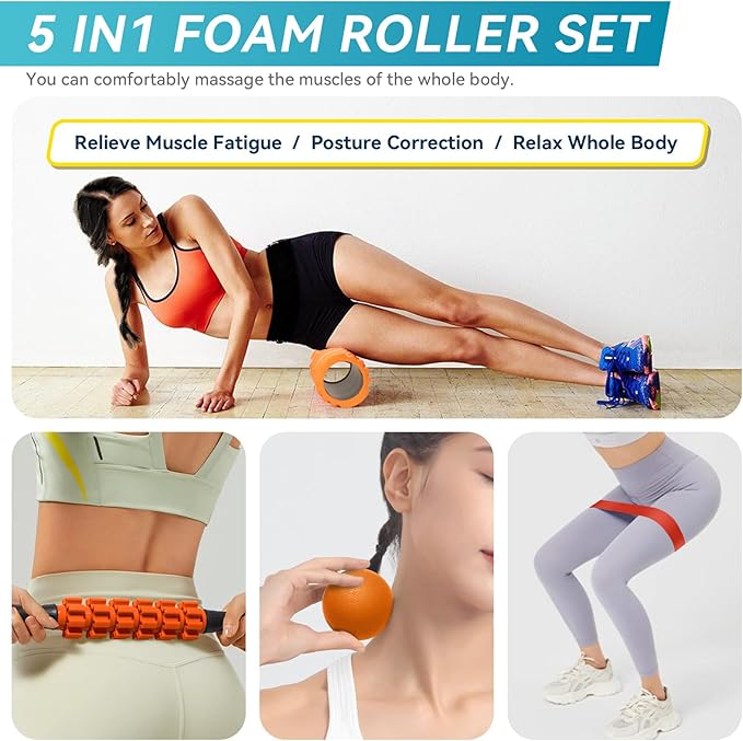 Krightlink 5 in 1 Foam Roller Set Trigger Point Exercise Foam Roller | Deep Tissue Muscle Massage Fitness Foam Roller, Massage Roller, Massage Ball, Stretching Strap, for Whole Body Orange