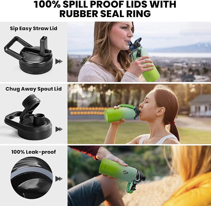 RAYMYLO Insulated Water Bottle 32 oz, Triple Wall Vacuum Stainless Steel | (Cold for 24Hrs, Hot for 12Hrs), Leak Proof & Non-BPA, Modern Water Flask Jug with Paracord Handle & Straw Spout Lids