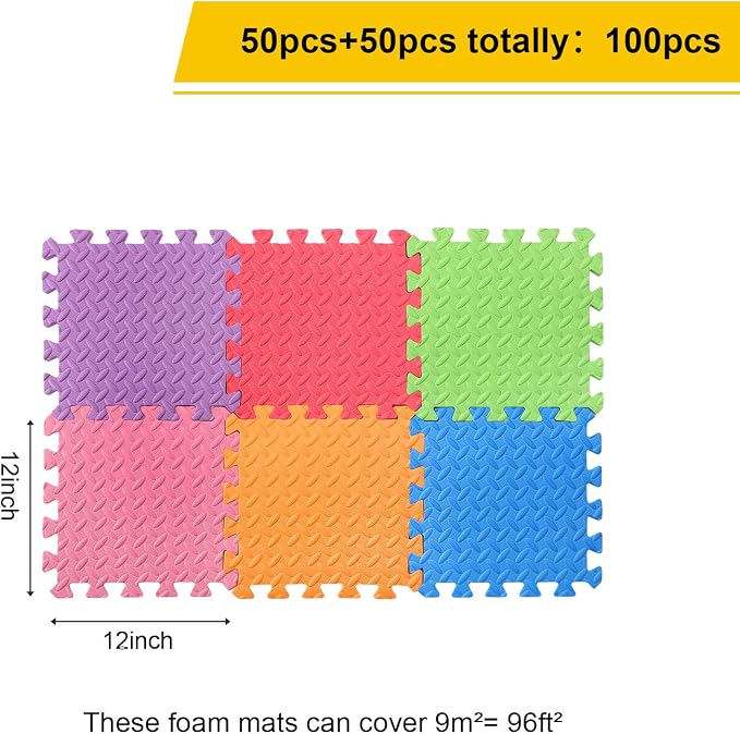 Ecally 100 Pcs 12 x 12 Gym Mat Foam Floor Mats for Home Gym Covers 96 Sq Ft Puzzle Exercise Square Interlocking Carpet Tiles with Border for Workouts Equipment Yoga Pilates (Multicolor)