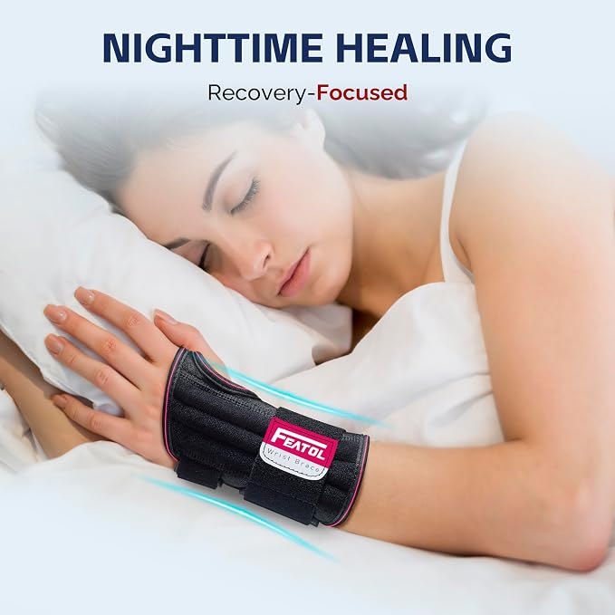 FEATOL 2 Pack Carpal Tunnel Wrist Brace For Work With Wrist Splint, 6.5'' Wrist Brace Night Support For Women Men, Pain Relief For Tendonitis, Arthritis, Pregnancy, Typing, Right and Left Hand, Large