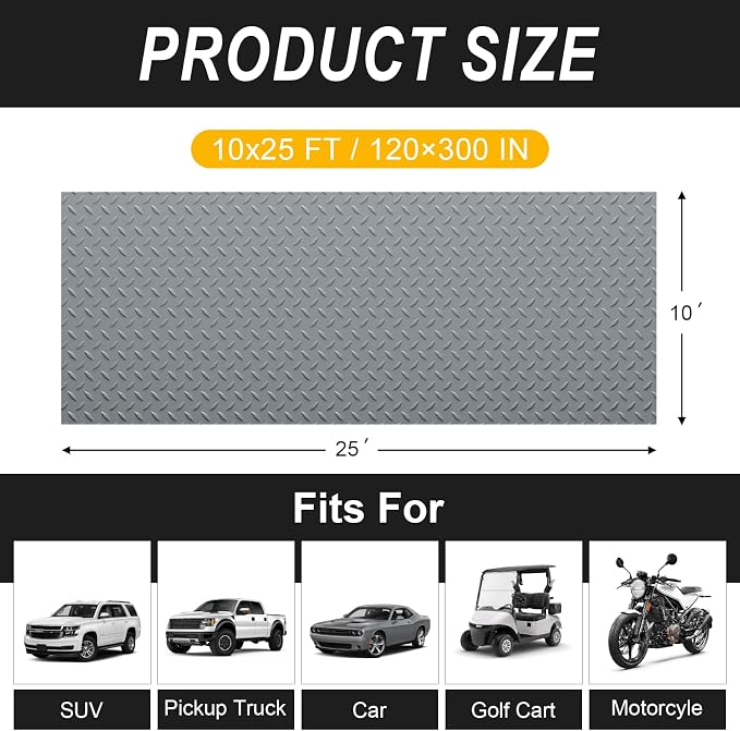 10x25 FT Garage Floor Mat, 2.8mm Thickened Flooring Roll for Under Car Diamond Plate PVC Rubber Mat with 20 Pcs Tapes, Non-Slip Floor Mat for Garage, Warehouse, Trailer, Gyms, Gray