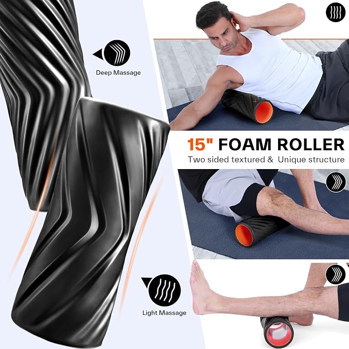 Sportneer 4 in 1 Pilates Foam Roller Muscle Relax Kit | with 2 Textured Foam Rollers Stringed Exercise Ball, Lacrosse Ball for Muscle Shoulder Back Leg Whole Body Relax Fitness Yoga