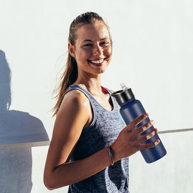 40 oz Insulated Water Bottle with Straw, Stainless Steel Sports Water Bottles with 2 Lids (Straw and Wide Mouth lid), Double Wall Vacuum, Leakproof, BPA-Free, Blue
