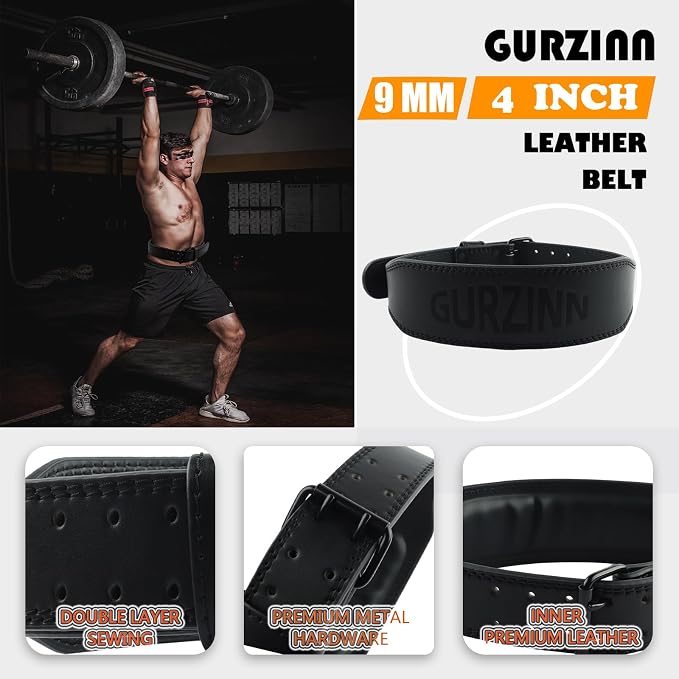 9mm Leather Fitness Weight Lifting Belt for Women&Men with 4 Inches Padded Lumbar Support for Power Lifting Workout & Squats Exercise