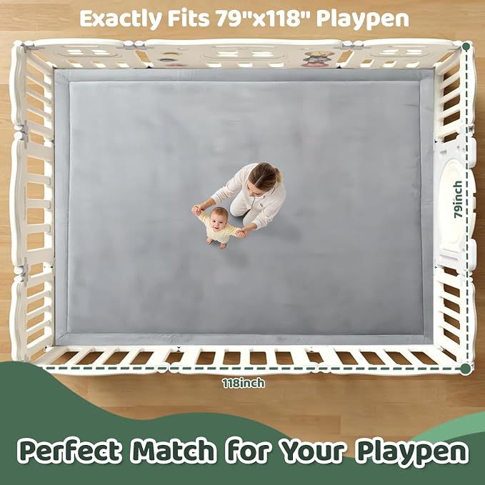 Baby Play Mat for Floor, 118'' x 79'' Thicken Foam Soft Padded Playmat for Tummy Time, Playpen Mat for Toddlers Infant, Water-Repellent Coral Velvet, Non-Slip Bottom Safe for Crawling (Light Grey)