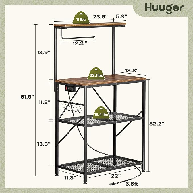 Huuger 4-Tier Bakers Rack with Reversible Power Outlet, 23.6 Inch Microwave Stand, Kitchen Coffee Bar, with Top Shelf, 6 S Hooks, Rustic Brown
