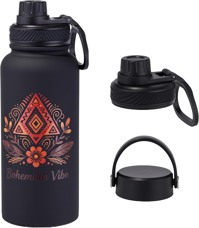 Black Insulated 32 oz Metal Leakproof Water Bottle | 1 Liters Stainless Steel Water Flask, Big Sports Travel Mens Water Bottle for Gym,Hiking,Large Thermal Bottle with 2 Lids