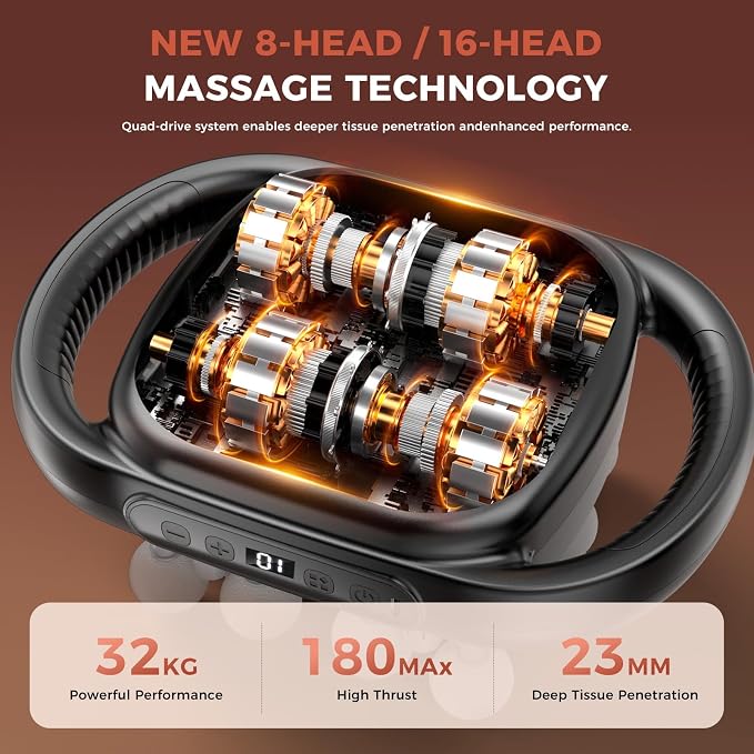 Beyn New 16-Head Massage Gun Set - 16 Gray Heads Included, 30 Speed Levels, Deep Tissue Massage for Back/Leg/Foot Muscle Relaxation, Portable Design,Horse Massager