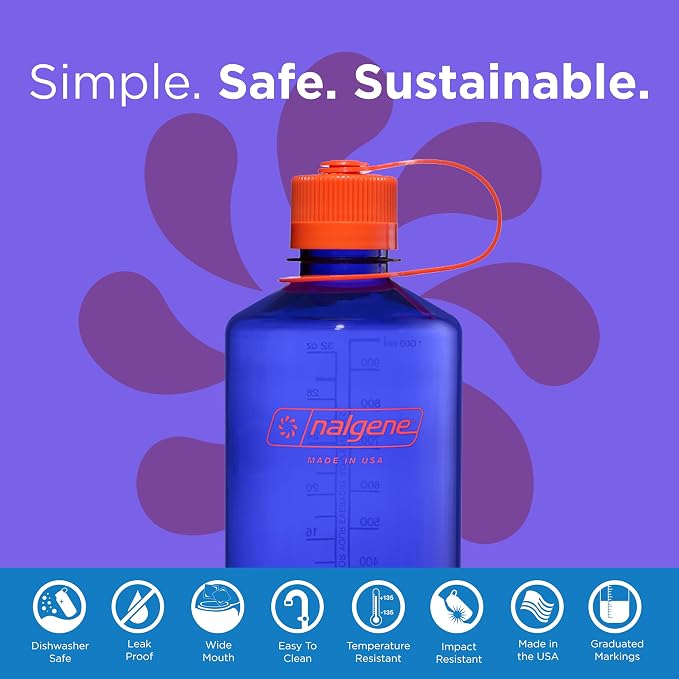 Nalgene 32 oz Narrow Mouth Water Bottle | BPA-Free, Durable & Leak Proof, Lghtweght Bottle for Hkng, Gym & Travel, Perwnkle (Pack of 6)