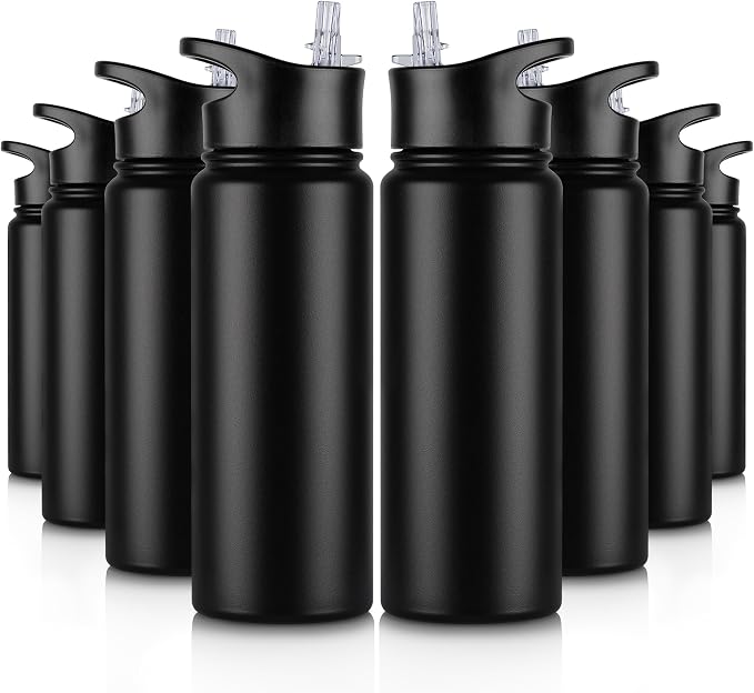 24 oz Insulated Water Bottle Bulk 8 Pack, Stainless Steel Sports Water Bottles with Straw Lid & Wide Mouth Lids, Double Walled Vacuum, Leak Proof, Black