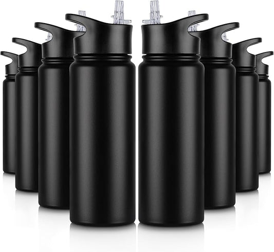24 oz Insulated Water Bottle Bulk 8 Pack, Stainless Steel Sports Water Bottles with Straw Lid & Wide Mouth Lids, Double Walled Vacuum, Leak Proof, Black