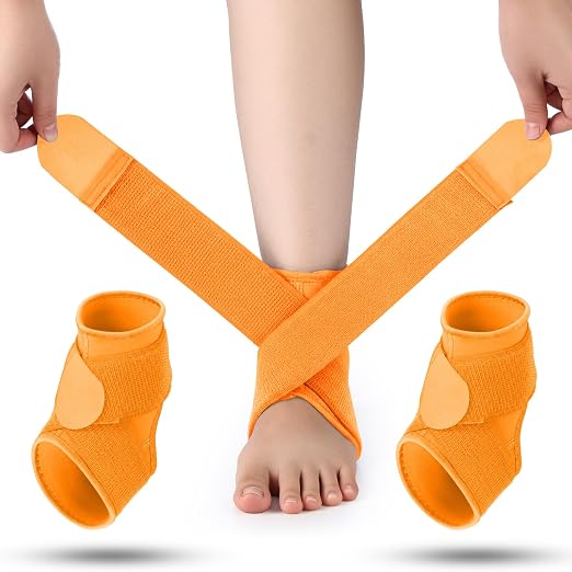 Honoson 2 Pcs Ankle Brace Kid Ankle Support Youth Neoprene Lace up Compression Sleeve Foot Brace Stabilizer with Adjustable Strap for Sport Sprained Plantar Fasciitis Achilles Tendonitis(Orange,S)