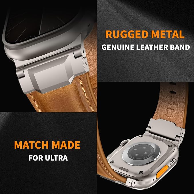 Bands Compatible with Apple Watch Ultra 3/2/1 Band 49/46/45/44mm | Genuine Leather Metal Connector Strap for iWatch Ultra Series 11/10/9/8/7/SE/6/5/4/3/2/1, Retro Brown/Titanium