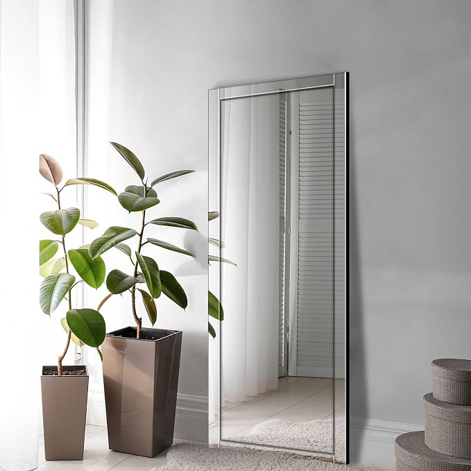 Syndra 56"x20" Wall Mounted Full Length Mirror with Reflect Frame, Large Rectangle Beveled Frameless Full Body Mirror, Vertical & Horizontal Over Sink Long Mirrors for Bathroom, Bedroom, Living Room