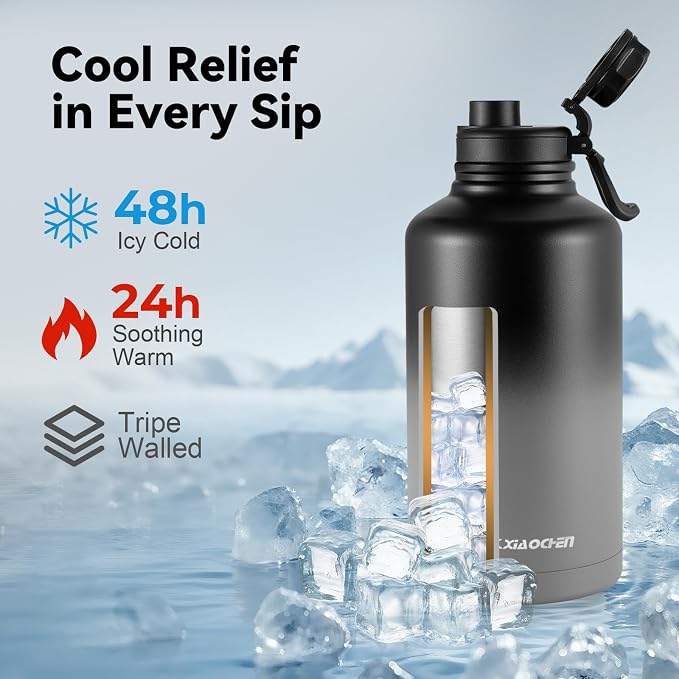 KXIAOCHEN Insulated Water Bottle with Strap, 48-Hour Cold, 2 Lids | Triple-wall insulation, lead-free 18/8 Stainless steel, paracord handle, carabiner clip, for gym, hiking, camping and travel