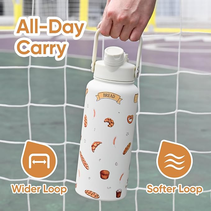 KEWIXY 32 oz Insulated Water Bottle, 2-in-1 Lid, Straw & Spout with Protected, Leak Proof, Keep Cold, Stainless Steel, Metal, Reusable, Handle, for Travel, Gym and School, Bake Beige