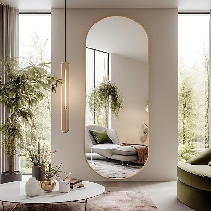 ZHUNFA Arched Full Length Floor Mirror, 65x 22 Oval Mirror with Metal Frame | Large Wall Mounted Arched-Top Body for Living Room, Bedroom, Bathroom, Entryway, Dressing Room, Gold