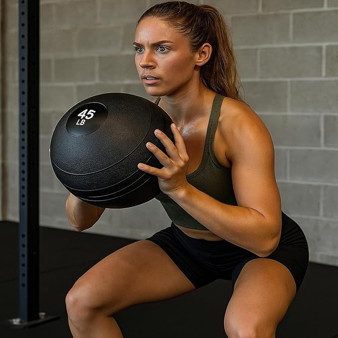 York Barbell 10LB Rubber Slam-Ball – Dead Weight with Textured Surface – Minimal Bounce Absorbs Impact – Pilates Yoga Strength Training Physical Therapy Cardio Exercises for Full Body Workout - Black