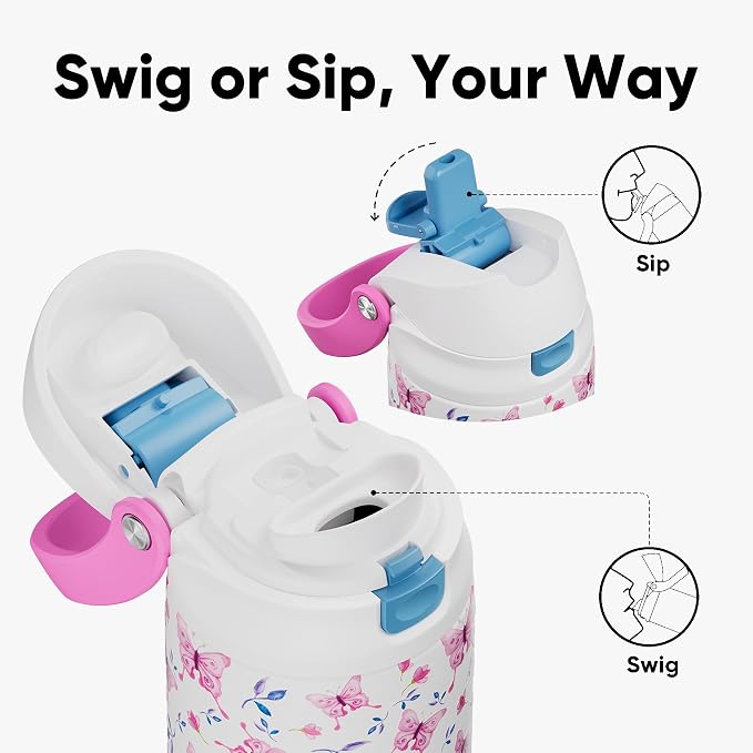 ENCOOL Leakproof Insulated Water Bottle with Straw Dual-Sip Water Bottle Bag-Safe Design for Work, Commute & Gym – Keeps Drinks Cold All Day, 32 oz, Blossom Butterfly