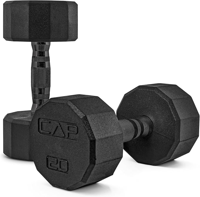 CAP Rubber Coated Dumbbell Weights, Free Weights for Home Gym Strength Training, Anti-Roll Hex Dumbbells with Black, Chrome & Comfort Grip Handles, Pairs & Sets