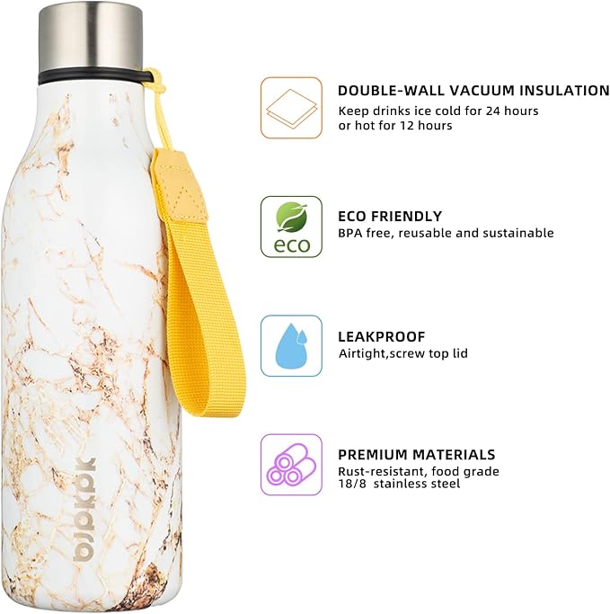 BJPKPK 18oz Insulated Water Bottle, Stainless Steel Bottle with Carry Strap | Keep Cold & Hot Vacuum Insulation, Leak-Proof BPA-Free Design, Slim Bottle Fits Most Cup Holders for Gym, Office & Travel