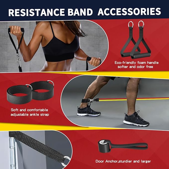 WHATAFIT Resistance Bands with Handles, 5-Level Exercise Bands for Workout | Natural latex,10-50 lbs, stackable to 150,Ankle Straps, Door Anchor,Guide. For Strength, Yoga,Home Gym,Travel & Workout.