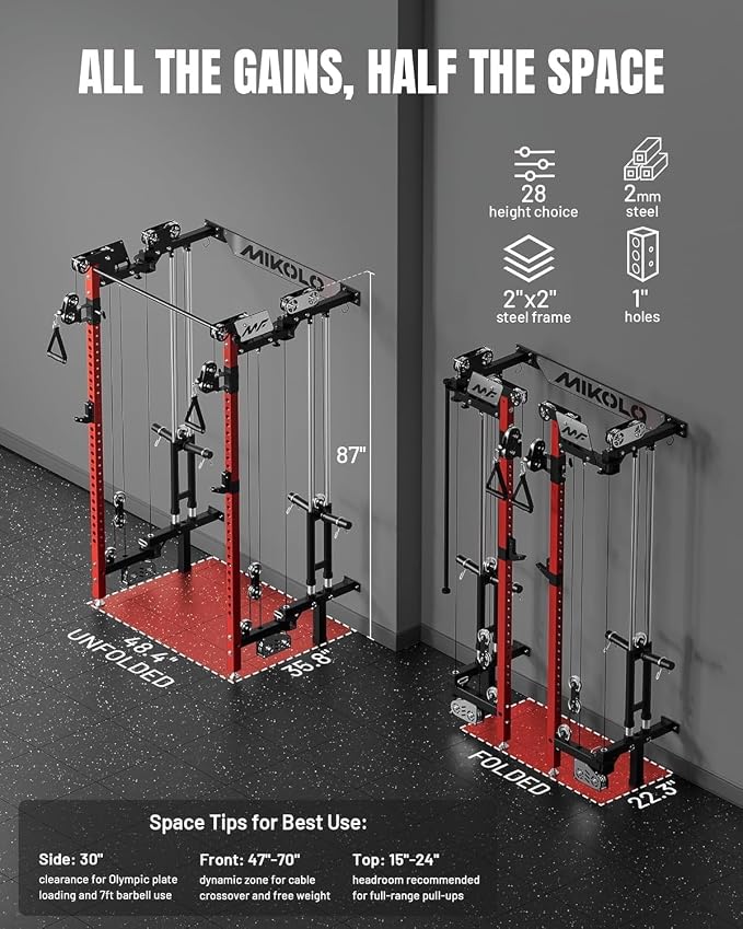 Mikolo Folding Squat Rack, Wall Mounted Power Rack with Cable Crossover Machine & LAT Pull Down, Functional Trainer with 5 Adjustable Function Modes, Home Gym Package