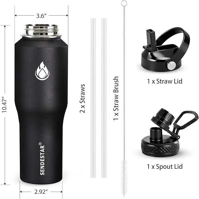 SENDESTAR Water Bottle 32oz,2 Lids(Straw lid),Wide Mouth Stainless Steel Vacuum Insulated Double Wall Keep Liquids Cold or Hot All Day,Sweat Proof Sport Design,Fit Car Cup Holder(Black)