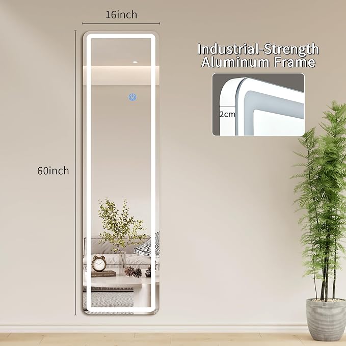 Koonmi Full Length Mirror with LED Lights, 60"x16" Lighted Mirror with Dimming & 3 Color Lighting, Big Mirror for Bedroom, Dressing Room, Rectangle,White