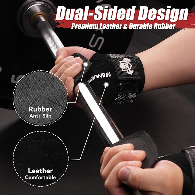 MANUEKLEAR Gym Straps Weight Lifting, Double Leather Lifting Straps for Men Deadlift with Cushion Wrist Loop, Gym Lifting Wrist Wraps for Weightlifting