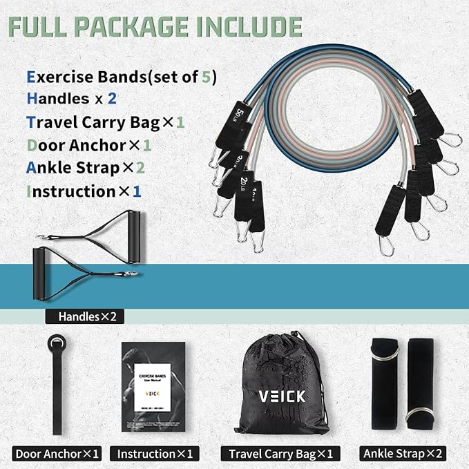 VEICK 10-150LBS Resistance Bands with Handles, Ankle Straps, Door Anchor | Accredited Lab Certified, 100% Natural Latex, Versatile for Yoga, Pilates, Strength, Home Gym