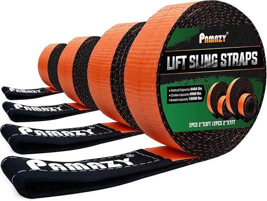 2”x3FT & 2”x7FT Sturdy Lift Sling Strap, 18800lbs Heavy Duty Web Sling-4PCS | Eye-Eye Nylon Strap for Hoist, 2-Ply Polyester Rigging Straps, Tree Saver Recovery Straps Web Sling Winch