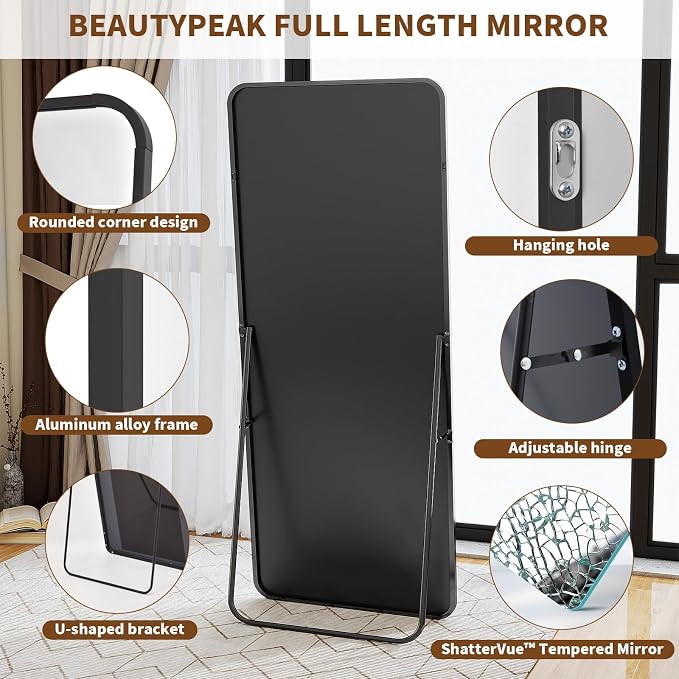 BEAUTYPEAK 66" x 23" Rounded Corner Full Length Mirror with Stand, Black | Aluminum Alloy Frame with Standing, Leaning, or Wall-Mounted, Ideal for Bedroom, Dressing Room, Entryway, and Living Room