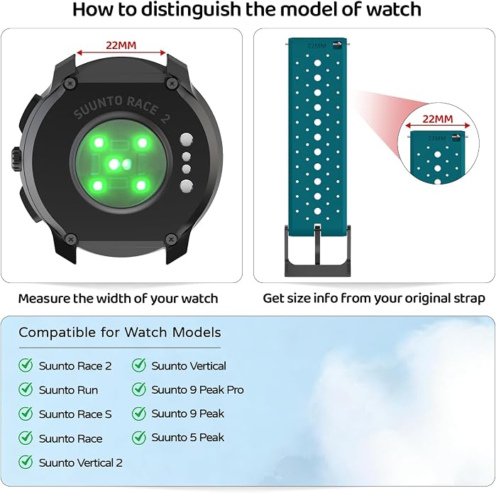 Watch Band for Suunto Race 2/Vertical 2/Run/S/9 Peak/Pro/5 Peak | Soft Silicone 22mm Replacement Bands for Vertical/Race/9 Peak Pro