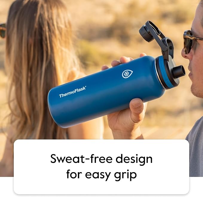 ThermoFlask Stainless Steel Water Bottles 2-Pack - Double-Wall Vacuum Insulated 24 oz BPA-Free Spout Lids - Keeps Drinks Cold 24 Hrs, Hot 12 Hrs - Leakproof, Dishwasher Safe, White/Coral