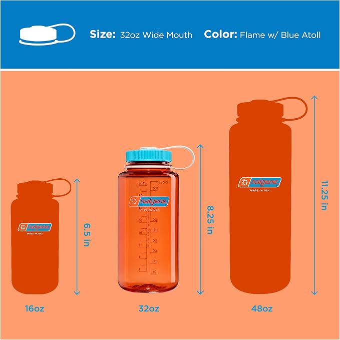 Nalgene 32 oz Wide Mouth Water Bottle, Thrill & Motion, Flame w/Blue Atoll