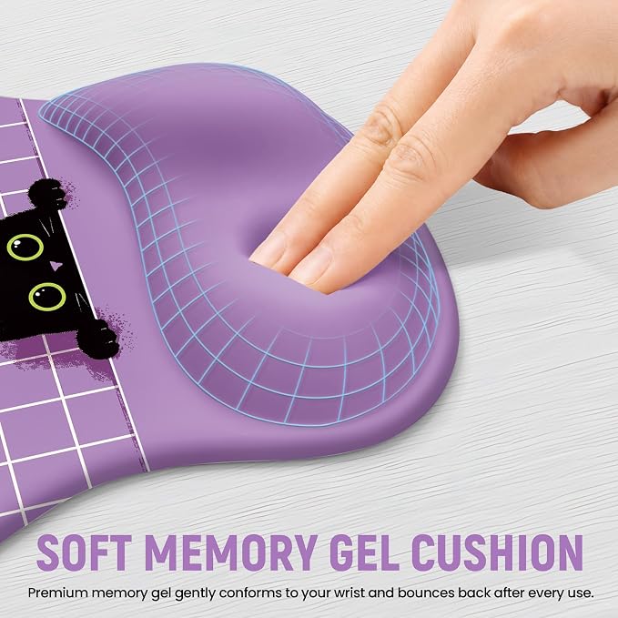 Ergonomic Mouse Pad with Wrist Rest, Gel Wrist Support, Purple Cat | 10.2 x 7.6 in Mouse Pad with Smooth Fabric Surface and Non-Slip Rubber Base for Office, Home, Study, and Gaming